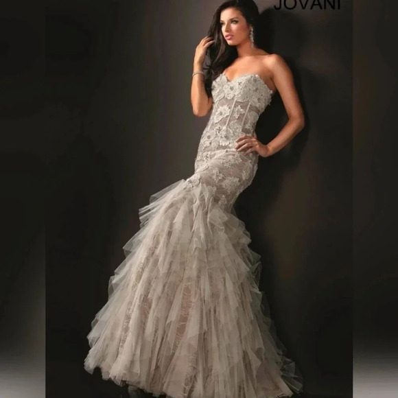 Jovani Dresses & Skirts - Jovani Prom Wedding Dress White Nude size 0 One Shoulder Sheer Mermaid